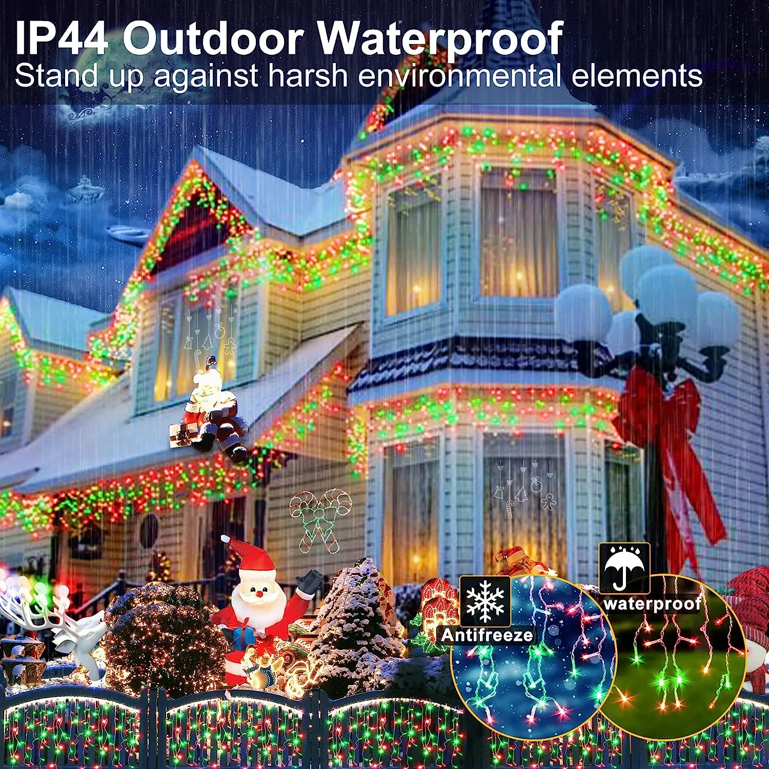 Светодиодные Рождественские огни Icicle Наружные IP44 Водонепроницаемые Подключаемые 216 светодиодов опускаются 0.6/0.7/0.7 Новогодняя Гирлянда защитного напряжения 2024 года3