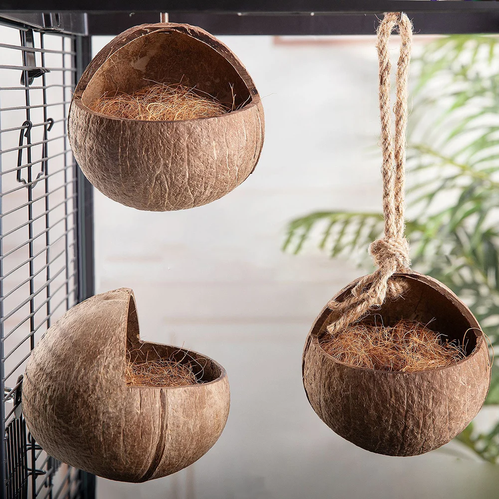 Скворечник из скорлупы кокосового ореха, подвесной скворечник, клетка для обитания, укрытие для хомяка, Сахарный планер, птица-попугай.0