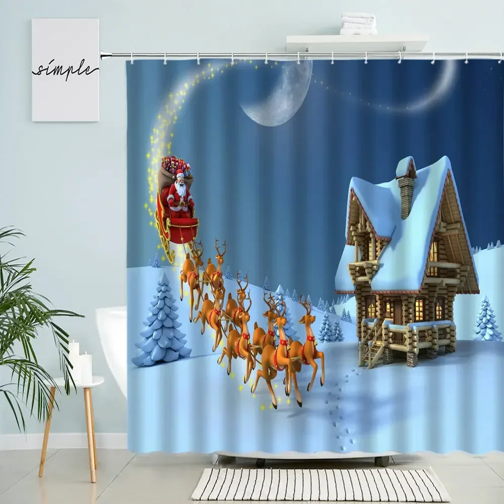 Счастливого Рождества Занавеска Для Душа Dream Forest Snow Night View Санта Клаус Лось Декор Ванной Комнаты С Крючком Водонепроницаемый Полиэфирный Экран1