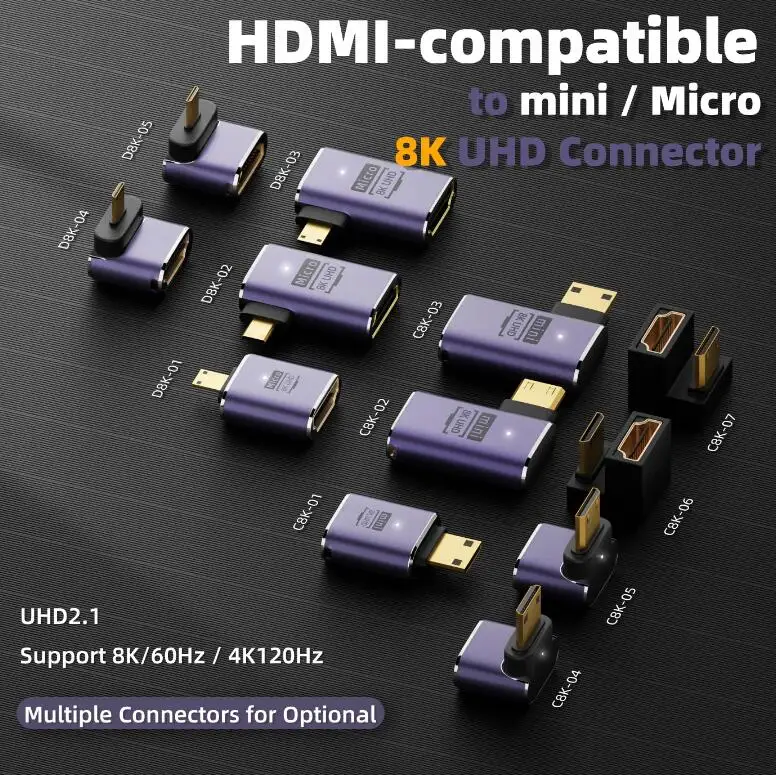 Удлинитель UHD с углом наклона 90 градусов, адаптер Mini / Micro HDMI для мужчин и HD 2.1 для женщин, Поддержка HDTV 8K 60hz0