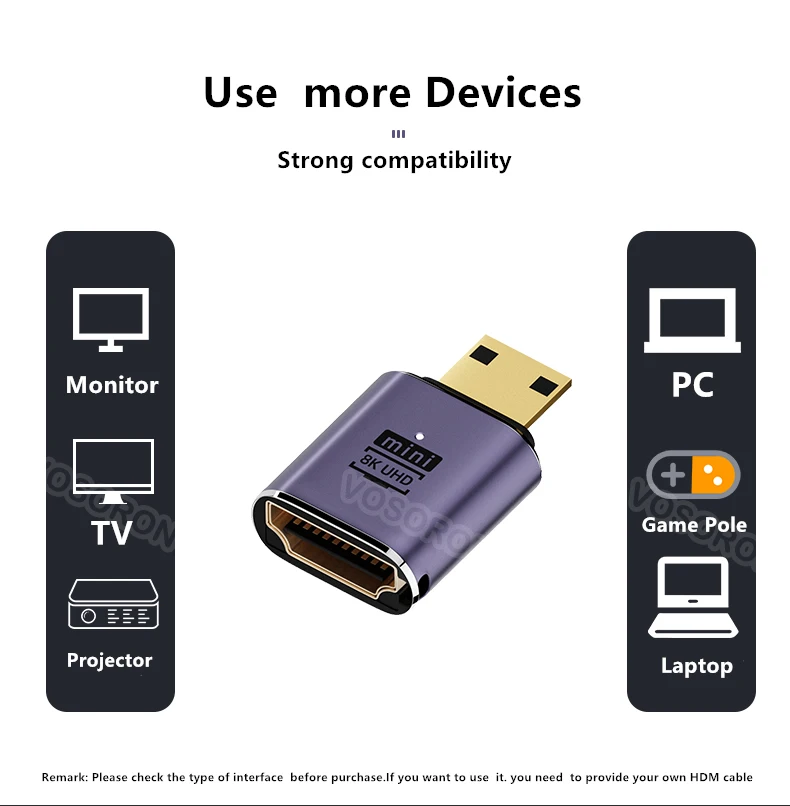 Удлинитель UHD с углом наклона 90 градусов, адаптер Mini / Micro HDMI для мужчин и HD 2.1 для женщин, Поддержка HDTV 8K 60hz4