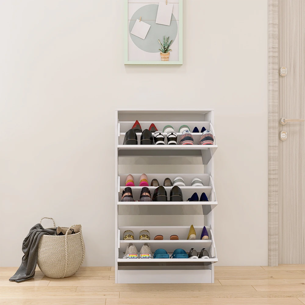 Узкий шкаф для хранения обуви с зеркалом, деревянная тонкая полка для обуви, 3-х уровневый органайзер для обуви для дома и квартиры, белый4