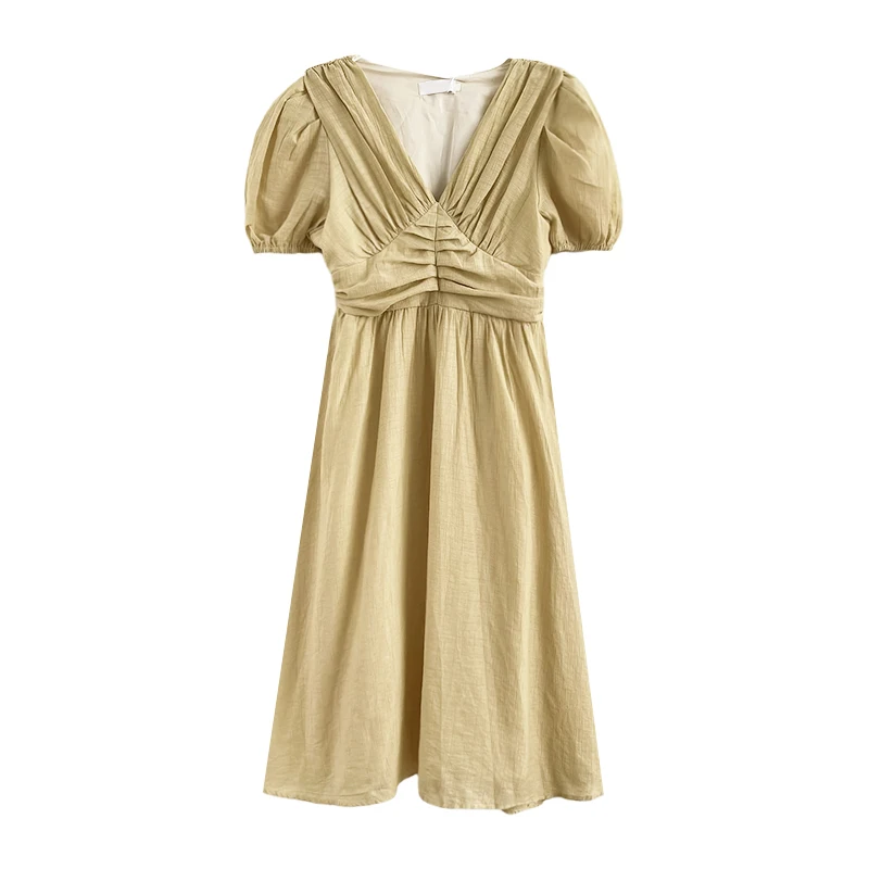 Французское плиссированное платье с V-образным вырезом на талии и пышными рукавами средней длины.0