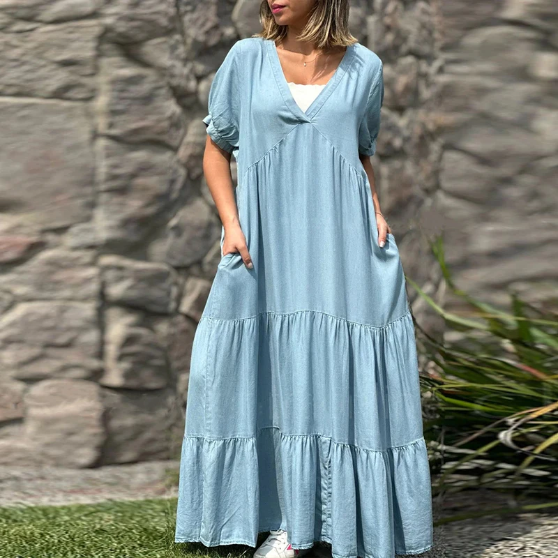 Элегантное плиссированное платье с V-образным вырезом и коротким рукавом, женское однотонное вечернее платье из денима сращивания, Летние праздничные пляжные свободные платья трапециевидной формы1