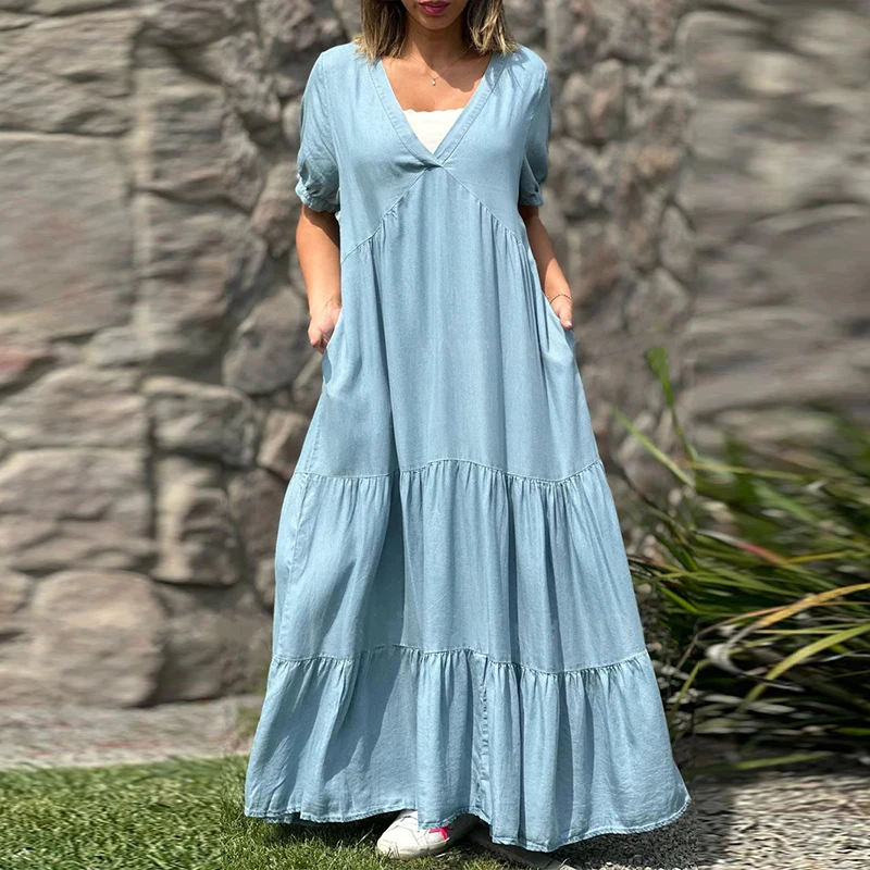 Элегантное плиссированное платье с V-образным вырезом и коротким рукавом, женское однотонное вечернее платье из денима сращивания, Летние праздничные пляжные свободные платья трапециевидной формы2