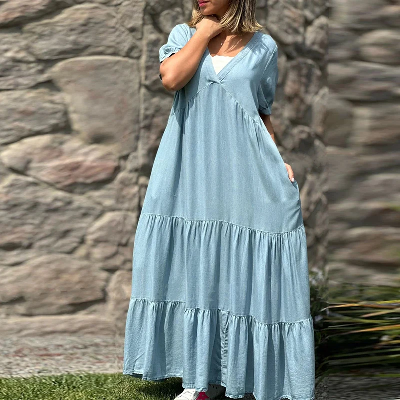 Элегантное плиссированное платье с V-образным вырезом и коротким рукавом, женское однотонное вечернее платье из денима сращивания, Летние праздничные пляжные свободные платья трапециевидной формы3