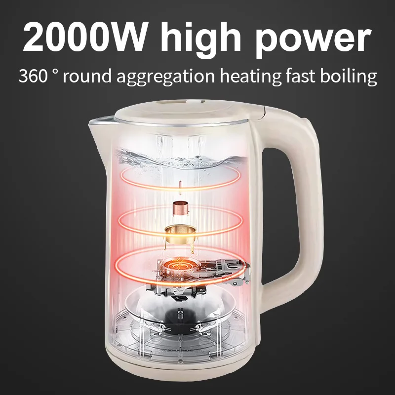 Электрический чайник мощностью 2000 Вт, Домашний Чайник для быстрого кипячения Кофе, чая, горячей воды, Бак объемом 2 л, Электрический чайник из нержавеющей стали с защитой от сухого горения2
