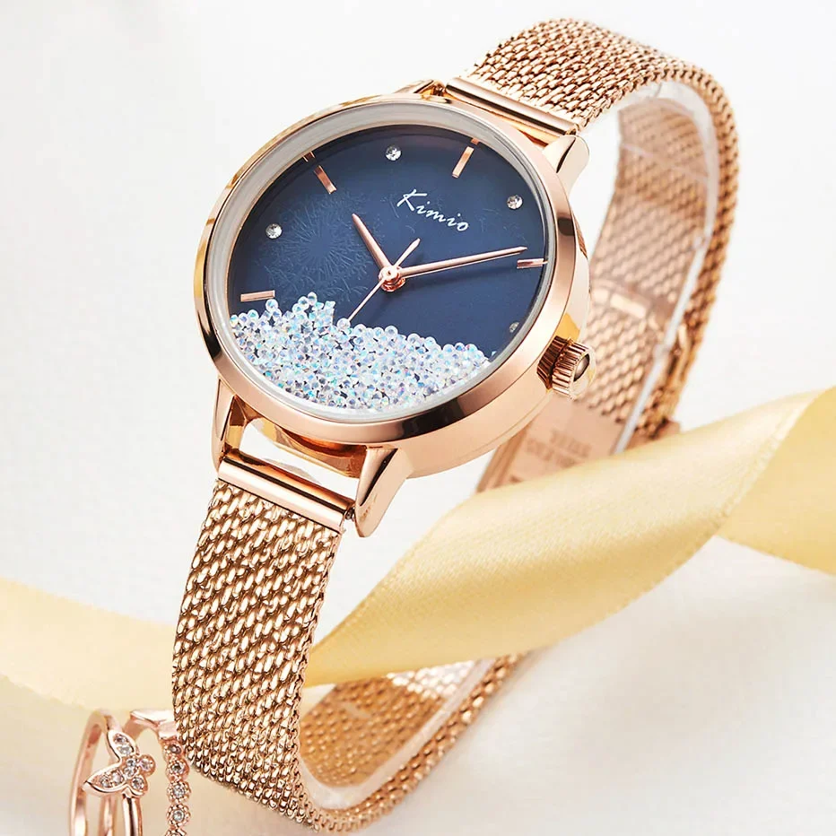 № 2 Женские наручные часы Kimio, модные кварцевые часы с кристаллами, часы с сетчатым поясом из нержавеющей стали, женские водонепроницаемые часы0