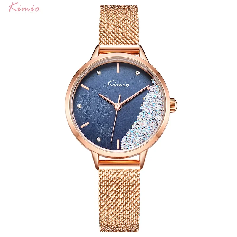 № 2 Женские наручные часы Kimio, модные кварцевые часы с кристаллами, часы с сетчатым поясом из нержавеющей стали, женские водонепроницаемые часы1