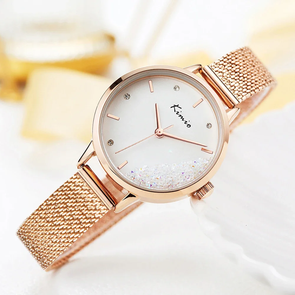 № 2 Женские наручные часы Kimio, модные кварцевые часы с кристаллами, часы с сетчатым поясом из нержавеющей стали, женские водонепроницаемые часы3
