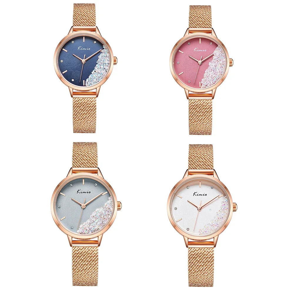 № 2 Женские наручные часы Kimio, модные кварцевые часы с кристаллами, часы с сетчатым поясом из нержавеющей стали, женские водонепроницаемые часы5