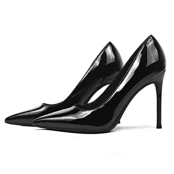 2023 Новые осенние женские туфли-лодочки с острым носком без застежки из лакированной кожи на тонком каблуке 10 см, Офисная женская обувь для карьеры в офисе