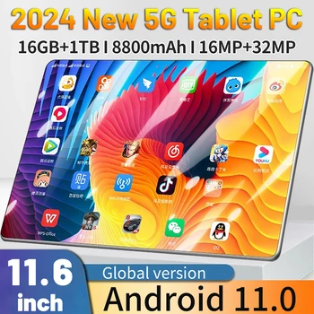 2024 Новый 5G 11,6-дюймовый Глобальный планшет Android 16 ГБ + 1 ТБ Android 11,0 8800 мАч С двумя SIM-картами, 10-ядерный Bluetooth-планшетный ПК, Сеть