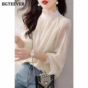 BGTEEVER, винтажные женские однотонные рубашки с кружевным воротником-стойкой, Элегантные свободные женские пуловеры, блузки, осенние женские топы