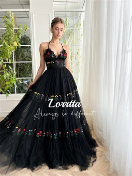 Lorrtta, Черная аппликация, кружевные тюлевые платья для выпускного вечера с V-образным вырезом, без рукавов, вечерние платья трапециевидной формы на бретелях, Свадебное платье для вечеринки, Женское женское