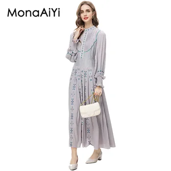 MonaAiYi/ Новое модное дизайнерское женское повседневное платье со стоячим воротником и рукавом в виде листьев лотоса с сине-белой вышивкой