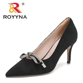 ROYYNA 2023, Новые дизайнерские роскошные вечерние офисные повседневные пикантные брендовые туфли большого размера, женские туфли-лодочки на высоком каблуке с металлическим декором, женские