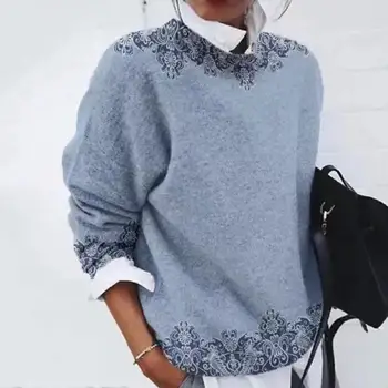 Винтажная женская футболка, осенний свитер с круглым вырезом, футболка для женщин, одежда в клетку с 3D принтом, имитация хлопка, пуловер с длинным рукавом