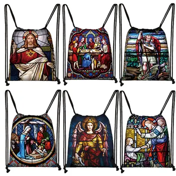 Винтажная картина с принтом Иисуса, комплект с карманом, женская сумка на шнурке, сумки для хранения для отдыха, подростковый рюкзак, школьный рюкзак с принтом Ангела