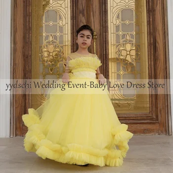 Желтое платье в цветочек для девочек, принцесса с круглым вырезом, 2024, аппликации из бисера, корсет, бальное платье, вечернее платье для дня рождения, халаты для вечеринок