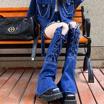 Женская модная джинсовая гетра, винтажные гетры на завязках до колен, Длинные носки, клубная уличная одежда