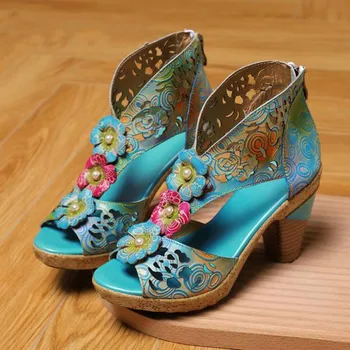 Женская обувь в стиле ретро Босоножки на платформе модные разноцветные туфли из натуральной кожи на молнии 2024 г. Новые женские босоножки ручной работы с цветочным шитьем