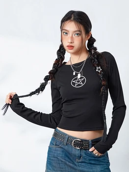 Женская футболка с длинным рукавом, базовая, в рубчик, с круглым вырезом и звездным принтом, приталенная, Y2K E-Girls, осенние блузки в готическом стиле 90-х, топы
