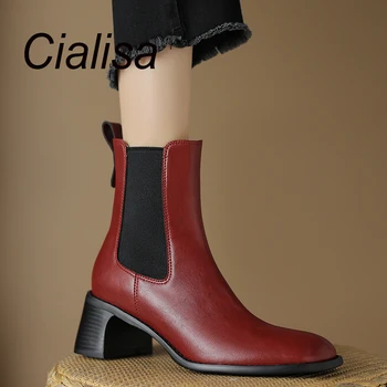 Женские ботинки Челси Cialisa, модные эластичные женские ботильоны ручной работы из натуральной кожи с квадратным носком, женские ботильоны на среднем каблуке, осень-зима