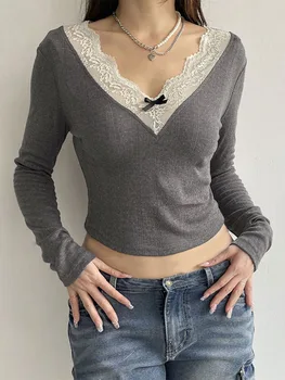 Женские укороченные топы, кружевная лоскутная рубашка с V-образным вырезом и длинным рукавом, повседневные пуловеры для клубной уличной одежды, Эстетическая Гранжевая одежда