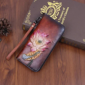 Женский кошелек-клатч из натуральной кожи, удобная сумка с принтом, женские ретро-зажимы для карт, длинный кошелек с цветком лотоса.