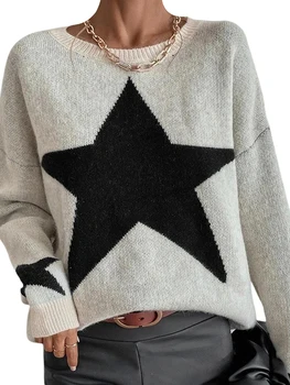 Женский пуловер в рубчик, свитер с круглым вырезом и звездным принтом, Свободный трикотаж, Осенняя теплая уличная одежда