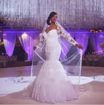 Изысканное свадебное платье из кружева русалки с открытыми плечами, прозрачное свадебное платье с длинным рукавом, Элегантная вышивка В комплекте с длинной вуалью
