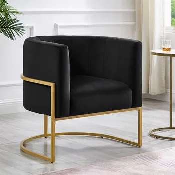 Кресло для гостиной с мягкой обивкой, Современное черное кресло с текстурированной бархатной обивкой и золотым металлическим кронштейном - Черный