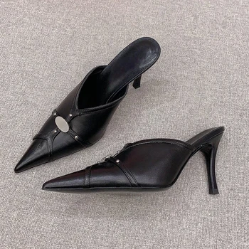 Модные Тапочки на высоком каблуке 2024 года, Брендовая Дизайнерская женская Модная обувь с острым носком, кожаные Zapatos Mujer