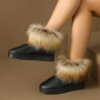 Модные женские зимние ботинки с декором из искусственного меха, однотонные, износостойкие, нескользящие, плюшевые, пушистые, термальные Зимние ботинки