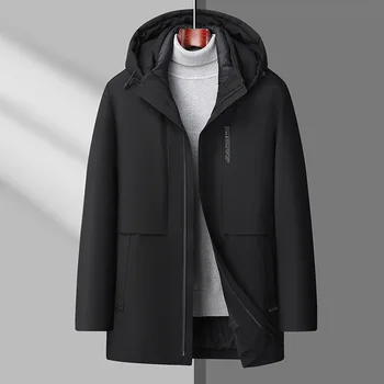 Мужская пуховая куртка средней длины 2023, Зимняя новая Съемная теплая куртка среднего возраста с капюшоном