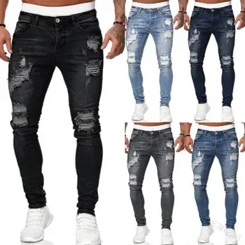 Мужские джинсы 2024, новые повседневные брюки, рваные весенние и осенние спортивные джинсы, прямые уличные брюки, винтажные джинсовые брюки-карандаш