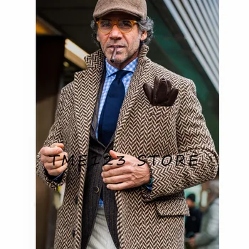 Мужское Длинное пальто В Елочку, Повседневное Деловое Французское Уличное Однобортное Мужское пальто С V-образным вырезом, Зимние Куртки Для Кемпинга, Мужские Топы Y2k