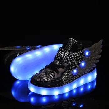 Новая детская обувь для мальчиков и девочек со светодиодной подсветкой, модные спортивные повседневные детские кроссовки с крыльями, Размер 27-37