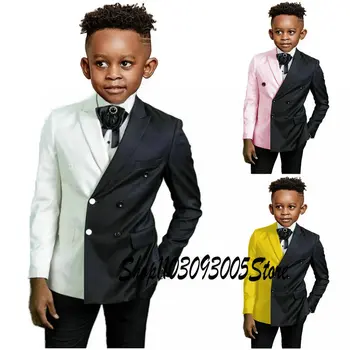 Новейший костюм для мальчиков, двубортный пиджак, черно-белый Свадебный смокинг, детский блейзер, брюки, модная одежда с металлической пряжкой, 2 предмета