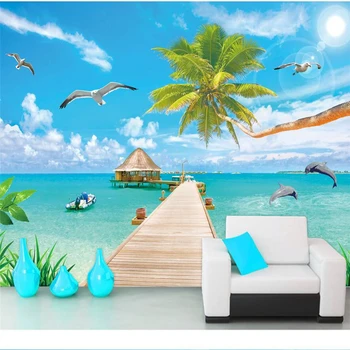 Обои wellyu papel de parede на заказ, Кокосовые пальмы, мост, пейзаж с видом на море, средиземноморская гостиная, ТВ-фон, стена