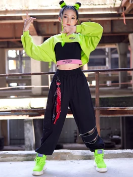 Одежда для девочек в стиле хип-хоп, джазовые танцы, Флуоресцентные зеленые топы, черные спортивные штаны, детский костюм для современных танцев, одежда для сцены Kpop BL9665
