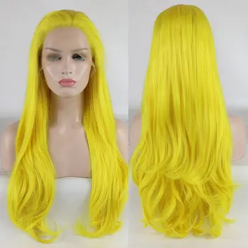 Парик из синтетического кружева с естественной волной Спереди Желтый Бесклеевой из высококачественного термостойкого волокна, предварительно выщипанный по линии роста волос для женщин