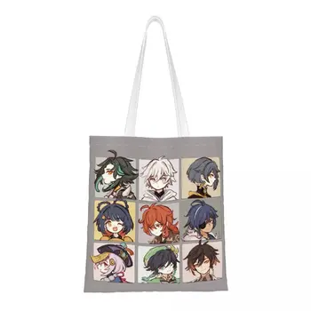 Персонажи Genshin Impact Чиби Собирают Эко-сумки через плечо, женскую сумку-тоут, милую Мангу, большую вместительную холщовую сумку для покупок.