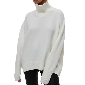 Повседневный вязаный свитер с высоким воротом для женщин, длинный рукав 