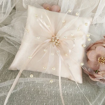 Подушка для обручального кольца для свадебного украшения 15 x 15 см, украшенная стразами в виде двойного сердца, атласная свадебная подушка с лентами, модная