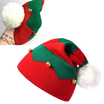 Рождественская вязаная шапка эльфа для малышей с маленькими колокольчиками контрастного цвета в волнистую полоску, вязаный крючком помпон, Рождественская теплая вязаная шапка