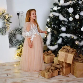 Розовое тюлевое платье с кружевным принтом и длинными рукавами для девочек в цветочек, платья принцессы для первого причастия, детский подарок-сюрприз на день рождения