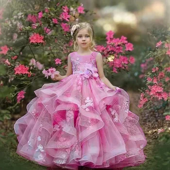 Розовые платья с цветочным узором для девочек, органза, без рукавов, длиной до пола, Праздничное свадебное платье для дня рождения девочки, Первого причастия