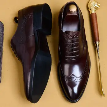 Роскошные мужские туфли-оксфорды из натуральной кожи с принтом, коричневые, черные, на шнуровке, с острым носком, Офисное свадебное платье, Официальные мужские туфли с перфорацией типа 